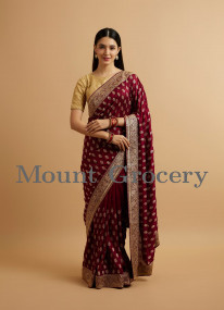 Wine Floral Buta Patterned Saree with Stone Embellishments