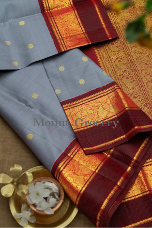 Kancheepuram Silk Rudraksha Buttis Light Grey Saree