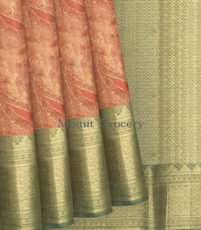 Peach Handwoven Kanchipuram Tissue Lino Korvai Silk Sari With Contrast Green Pallu