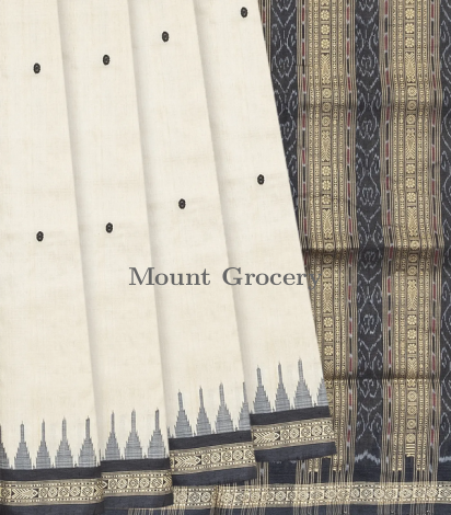 Cream Handloom Orissa Silk Saree With Floral Motifs & Contrast Grey Border-Cream