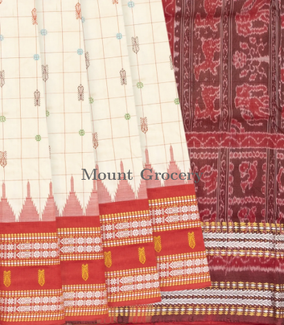 Cream Handloom Orissa Silk Saree With Checks & Contrast Red Border-Cream