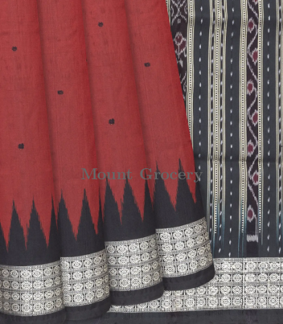 Crimson Handloom Orissa Ikat Silk Saree With Black Border-Crimson