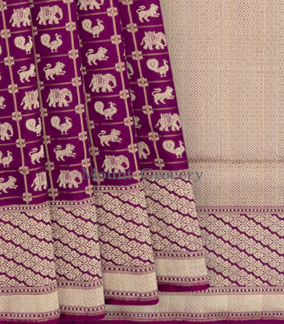 Purple Handwoven Benares Silk Saree With Zari checks and Peacock, Yazhi Elephant Motifs