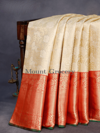 Pure kanchipuram tissue silk saree cream and red
