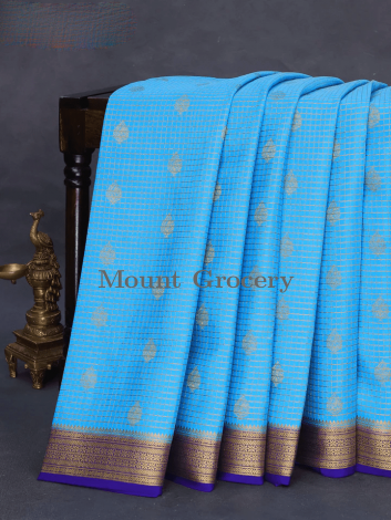 Pure mysore silk saree cs blue and blue with allover zari checks & buttas and zari woven border