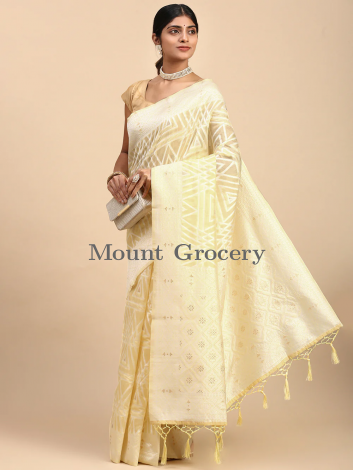 Women Semi Cotton Printed Saree Light Yellow Ivory