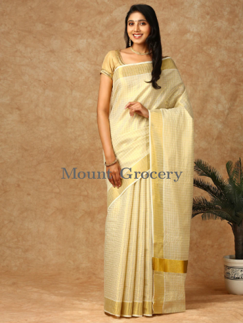 Kerala Cream Tissue Saree with Gold Jari Border