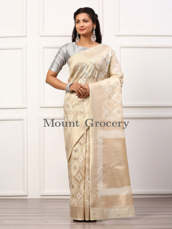 Women Semi Linen Weaving Saree White