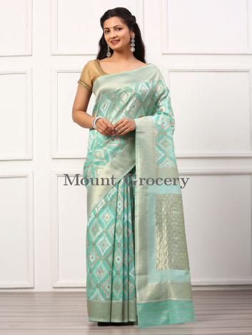 Women Semi Linen Weaving Saree Green