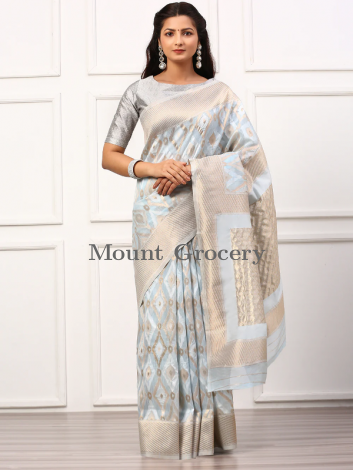 Women Semi Linen Weaving Saree Light Blue