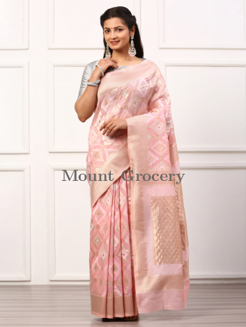 Women Semi Linen Weaving Saree Rose