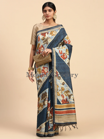 Women Semi Tussar Floral Saree Blue