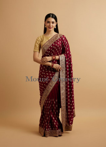 Wine Floral Buta Patterned Saree with Stone Embellishments