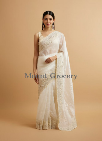 Dark Cream Bel Buti Patterned Stone Embellished Saree