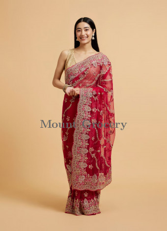 Rani Red Floral Bel Embroidered Saree with Stone Studded Buta Embroidery