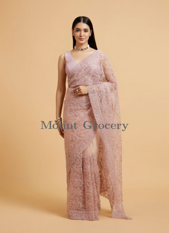 Dusty Pink Floral Jaal Embroidered Saree with Rhinestone Work