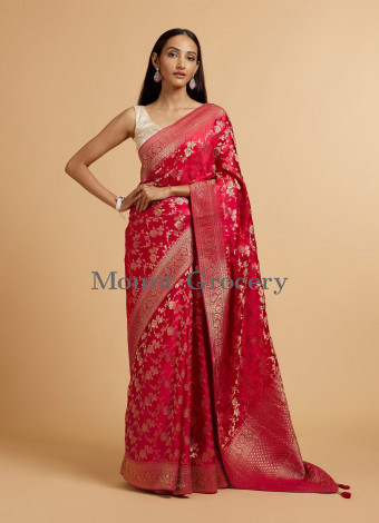 Rani Pink Bel Buti Patterned Bridal Saree with Rhinestones