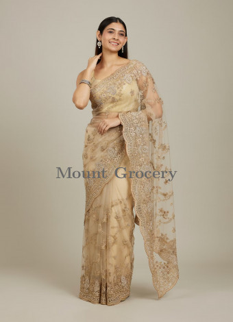 Warm Beige Bel Buti Patterned Stone Work Saree